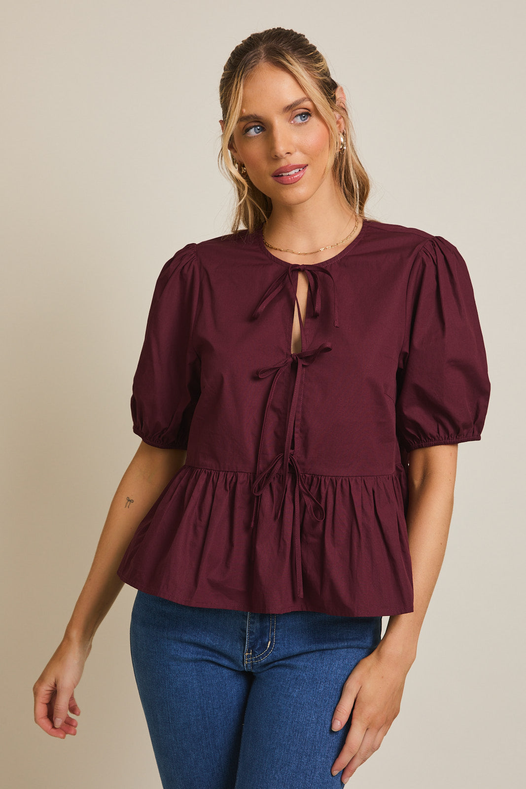 Ashley Front Tie Puff Sleeve Top