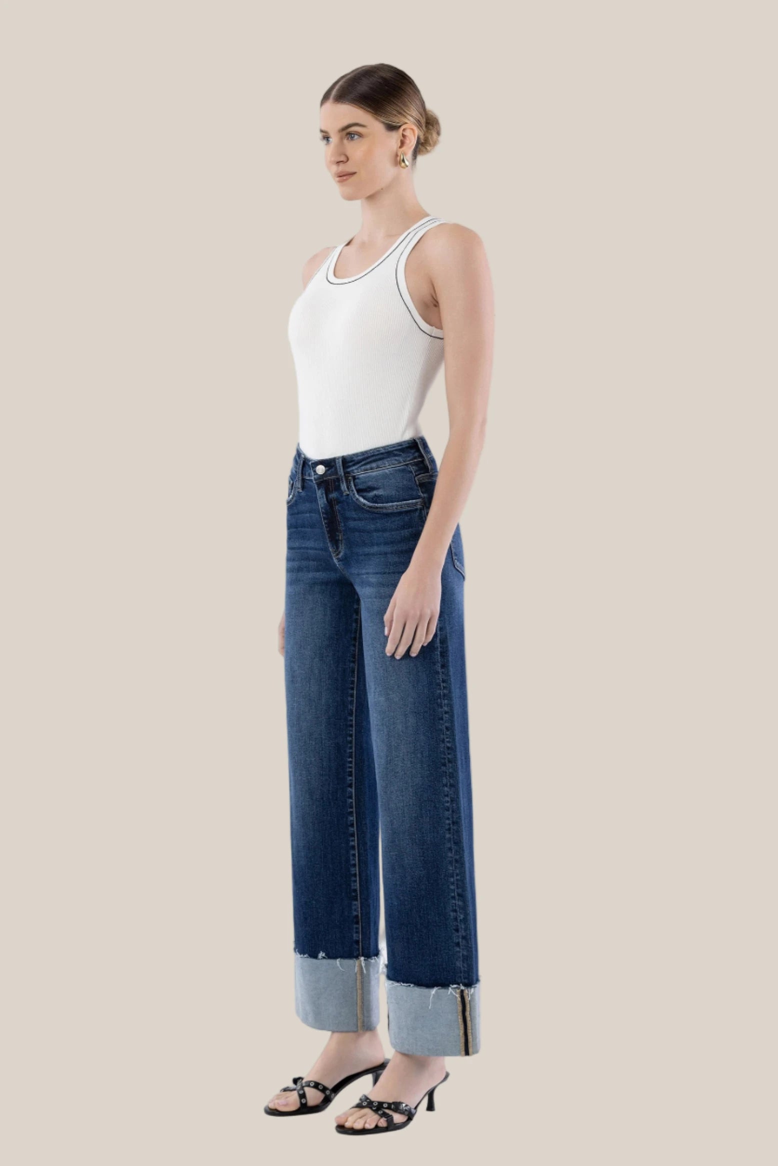 Heather High Rise Cuffed Wide Leg Jeans