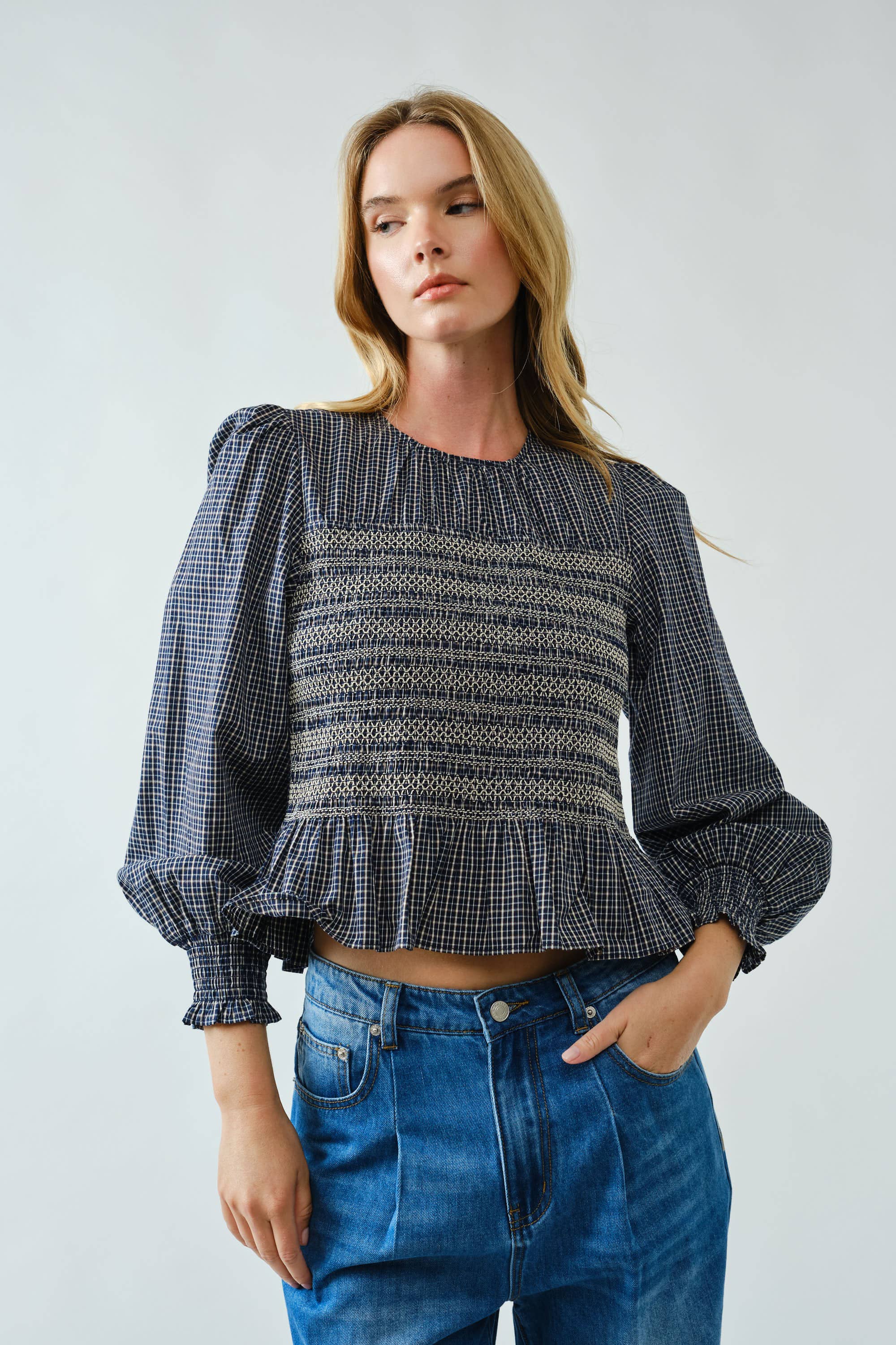 Casey Smocked Plaid Blouse