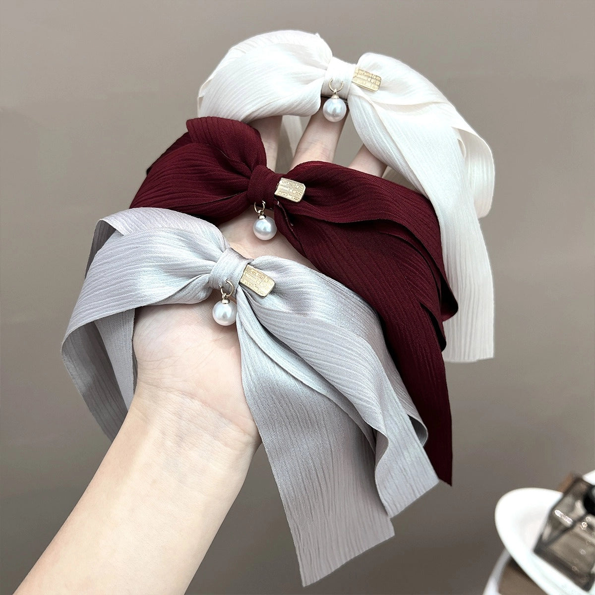 Plisse Bow with Pearl French Barrette Clip