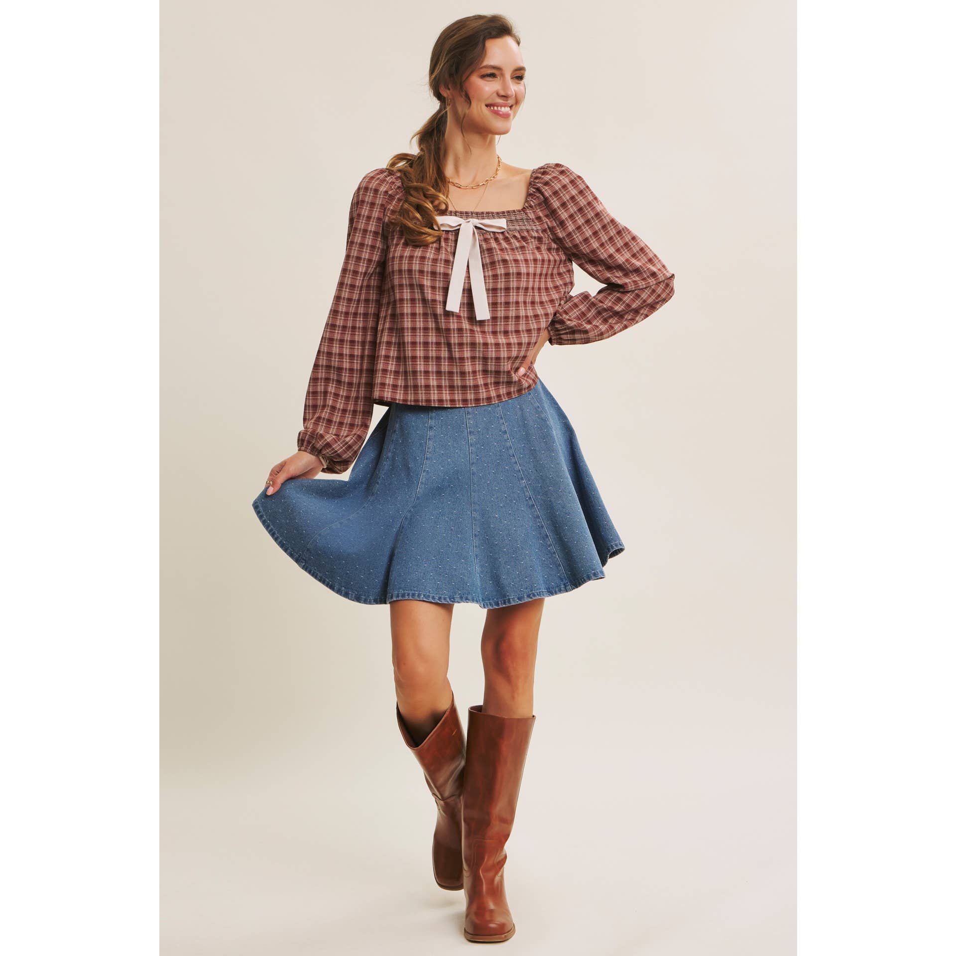 Willa Polka Dot Denim Flare Mini Skirt