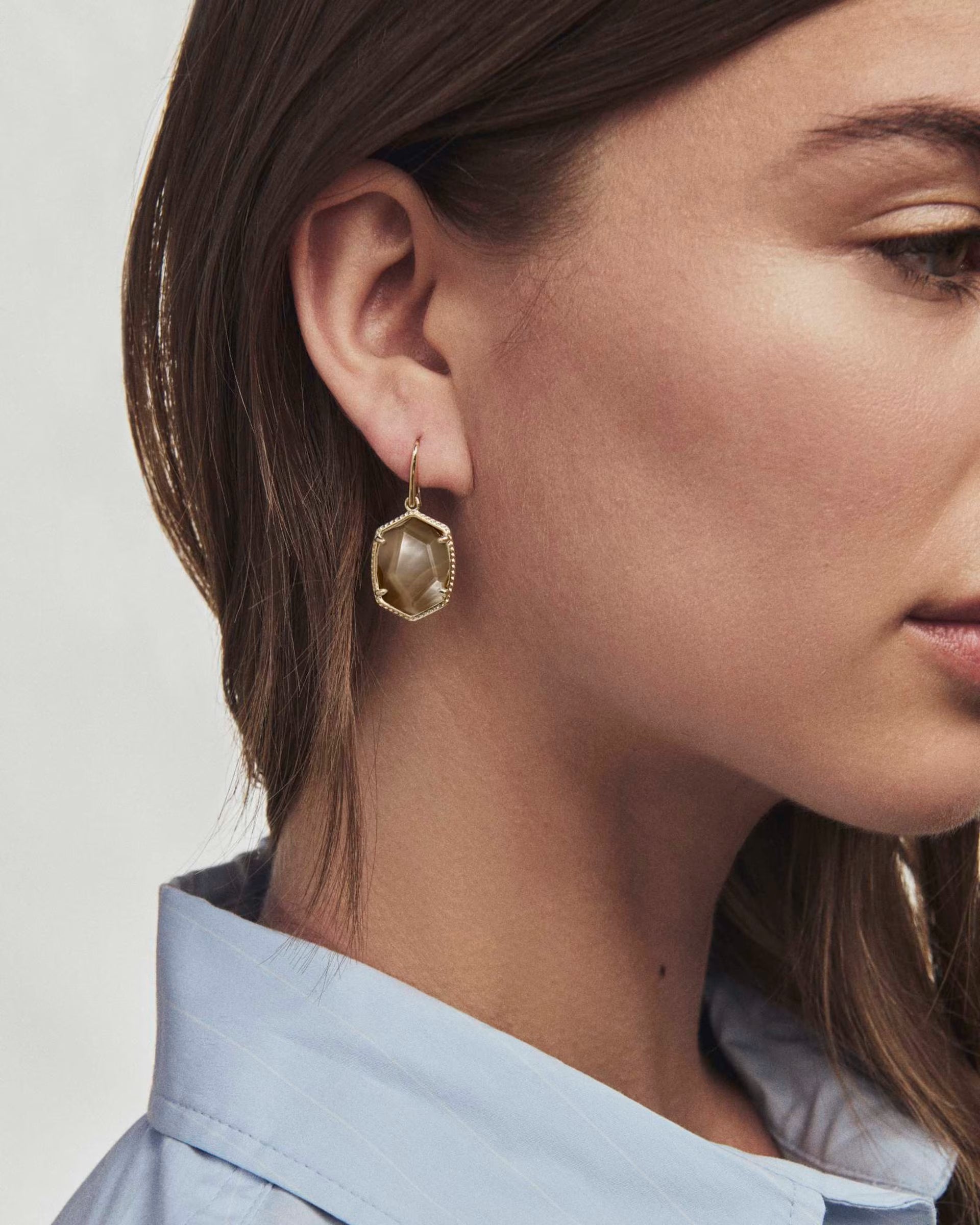 Daphne Gold Frame Drop Earrings - Taupe Mother of Pearl