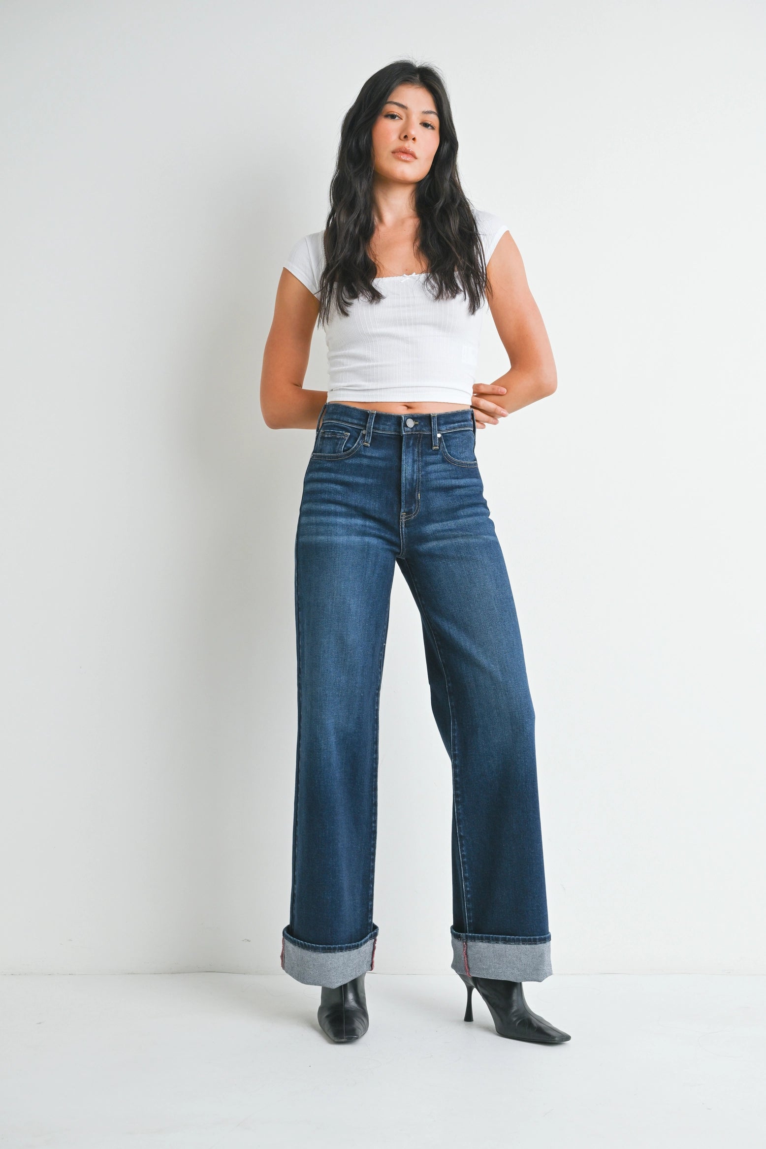 Melissa Cuffed Palazzo Wide Leg Jean in Dark Denim
