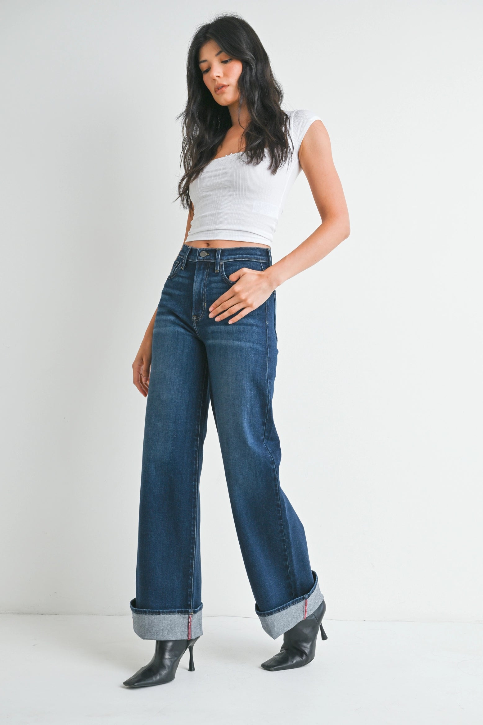 Melissa Cuffed Palazzo Wide Leg Jean in Dark Denim
