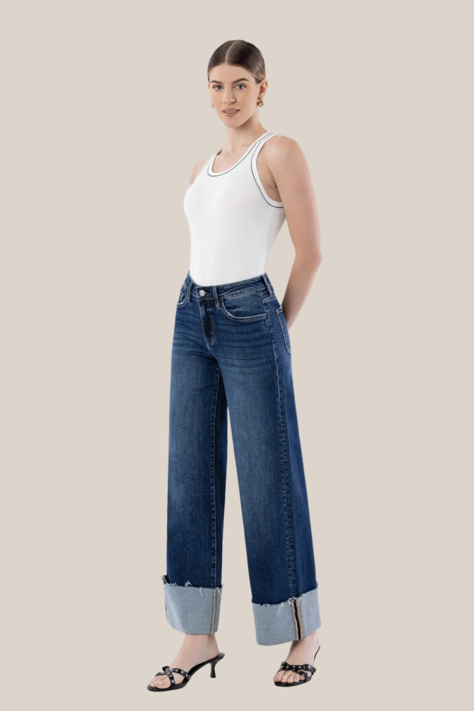 Heather High Rise Cuffed Wide Leg Jeans