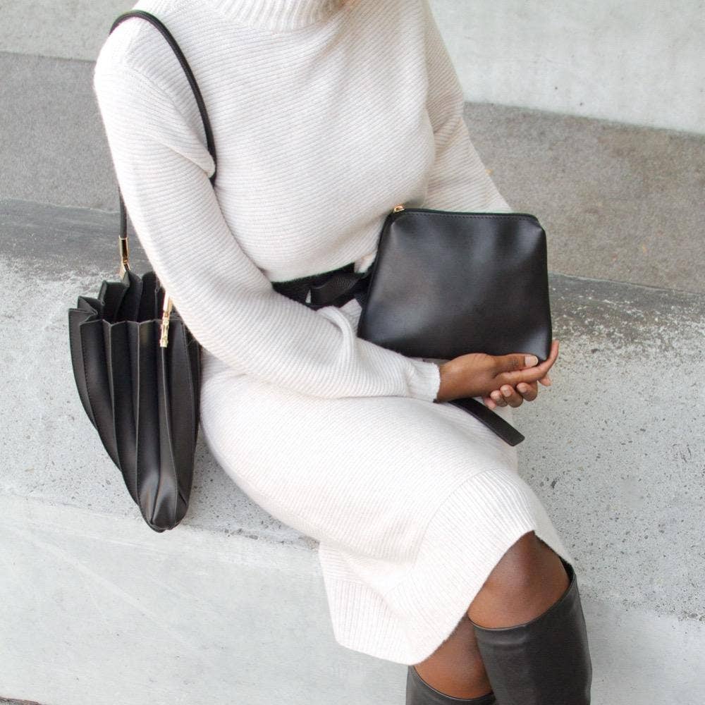 Carrie Black Pleated Vegan Leather Shoulder Bag