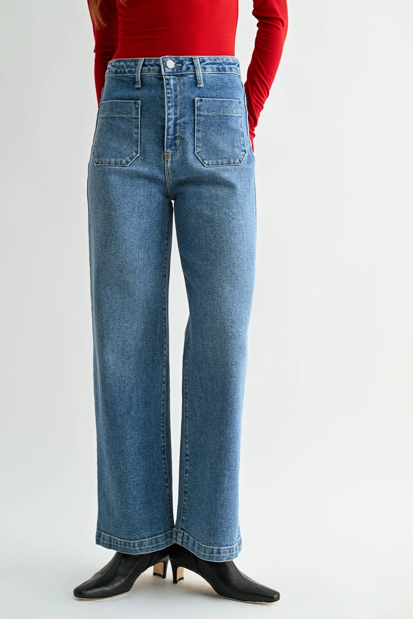 June Patch Pocket Wide Leg Jean in Medium Denim