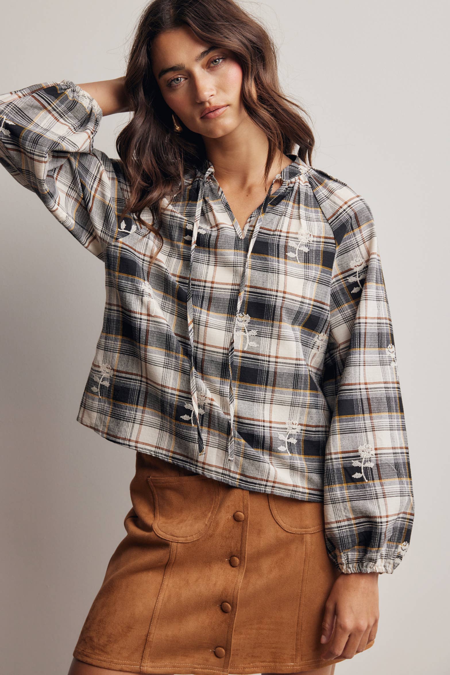 Delaney Embroidered Plaid Top