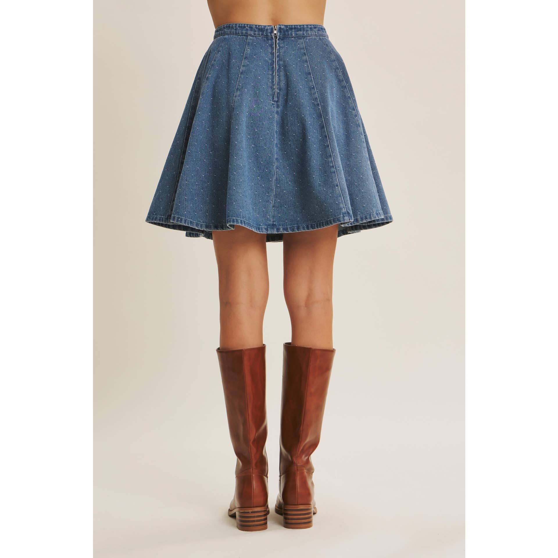 Willa Polka Dot Denim Flare Mini Skirt