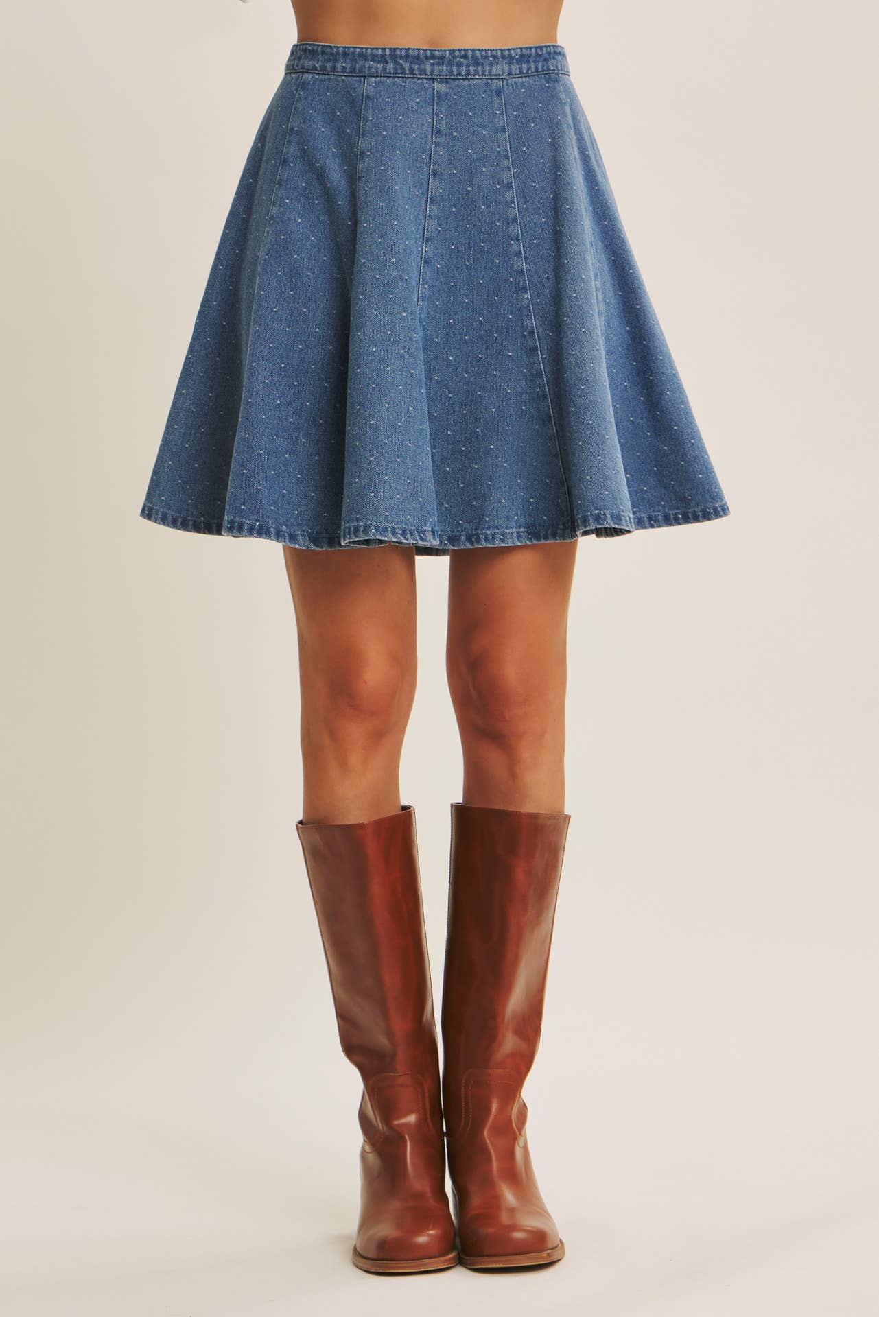 Willa Polka Dot Denim Flare Mini Skirt