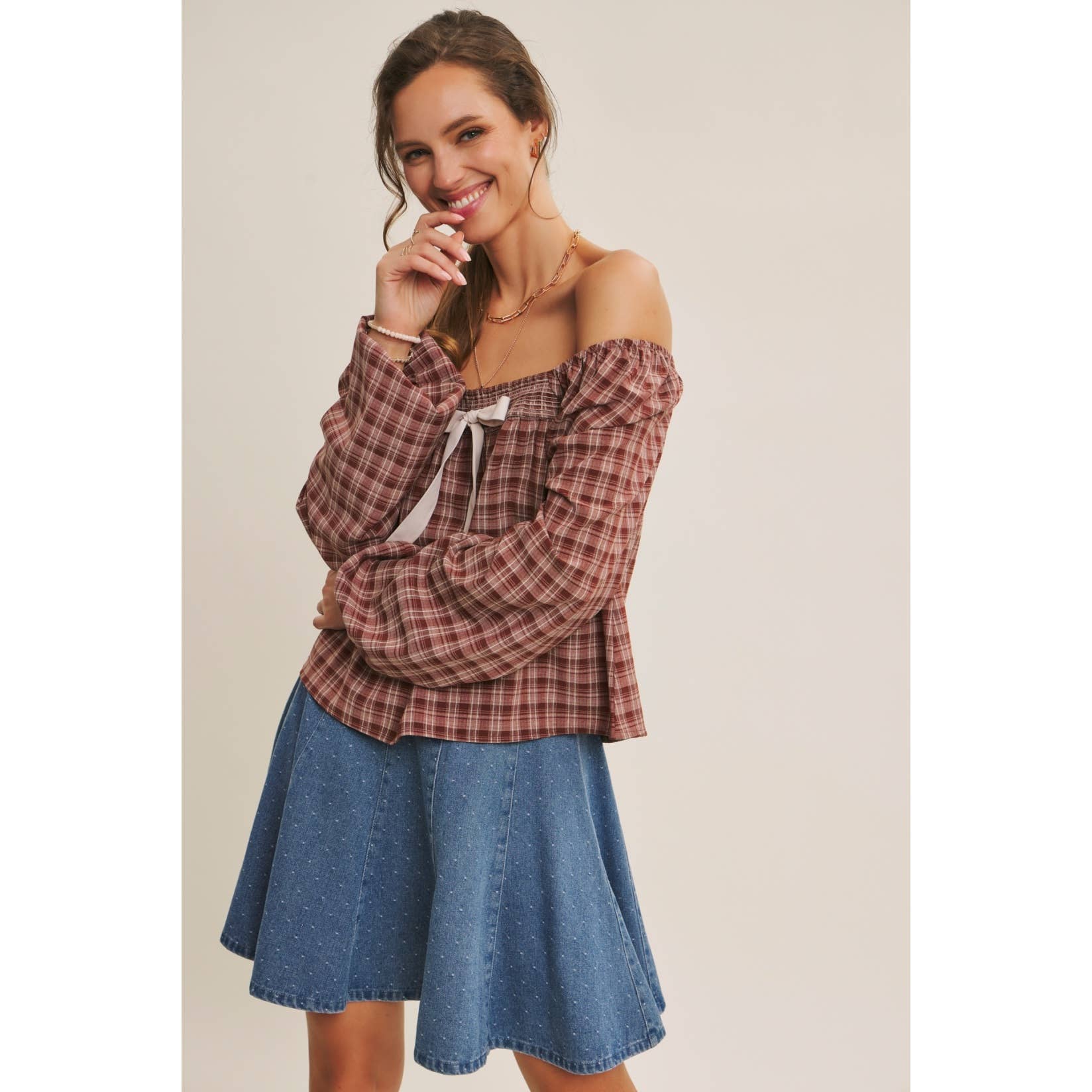 Willa Polka Dot Denim Flare Mini Skirt