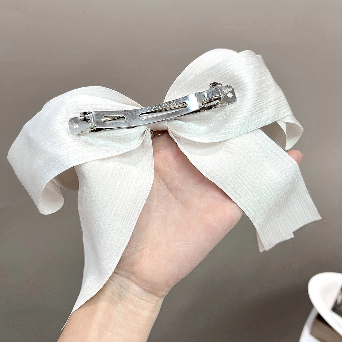 Plisse Bow with Pearl French Barrette Clip