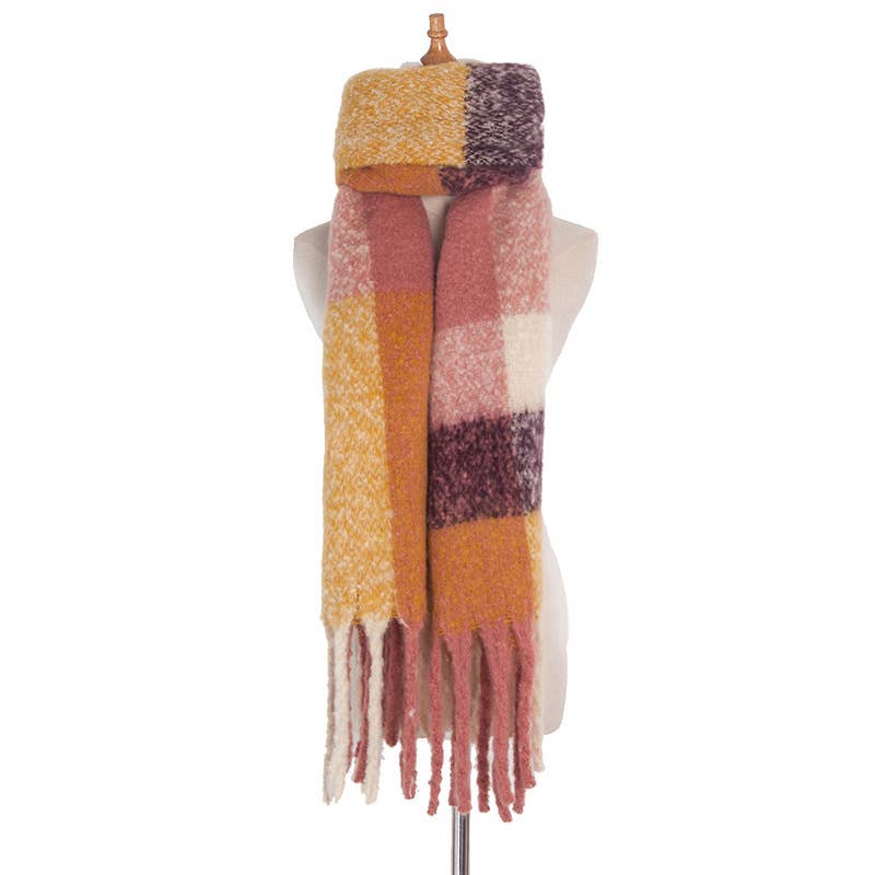 Soft Chunky Plaid Fleece Oblong Tassel Scarf