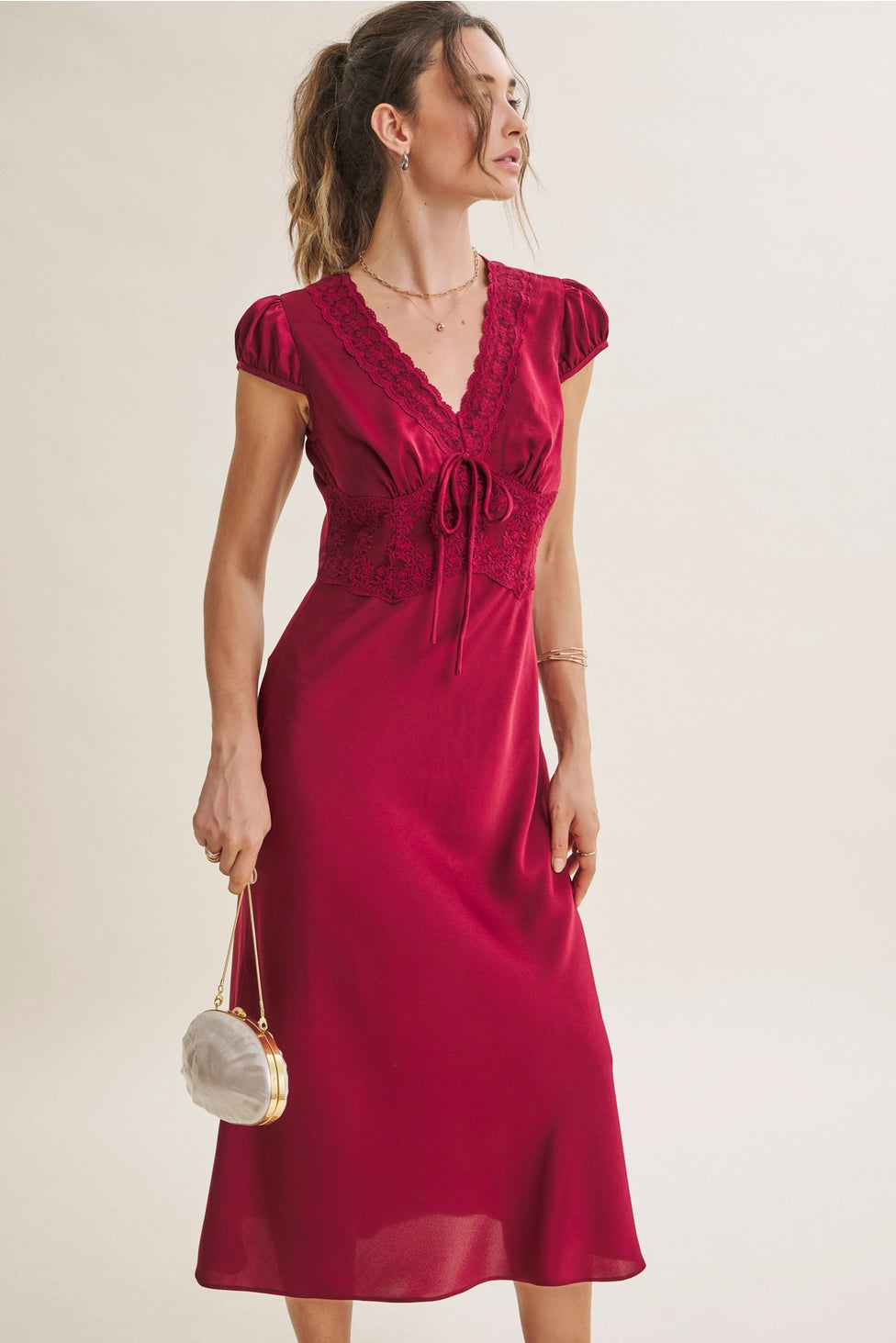 Ruby Satin Lace Midi Dress