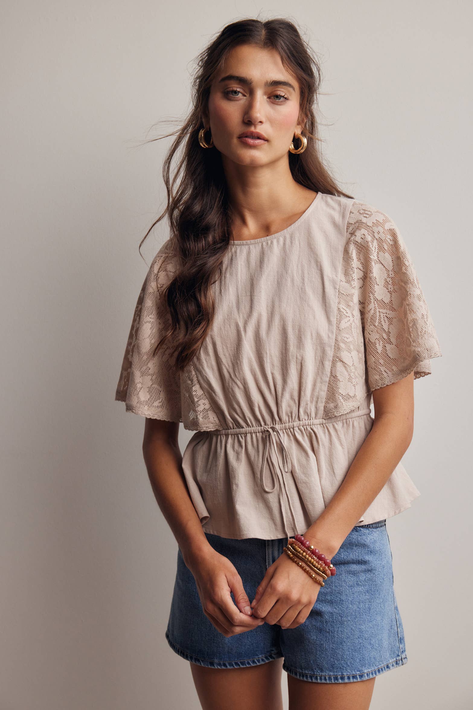 Jimmie Lace Cape Sleeve Peplum Top