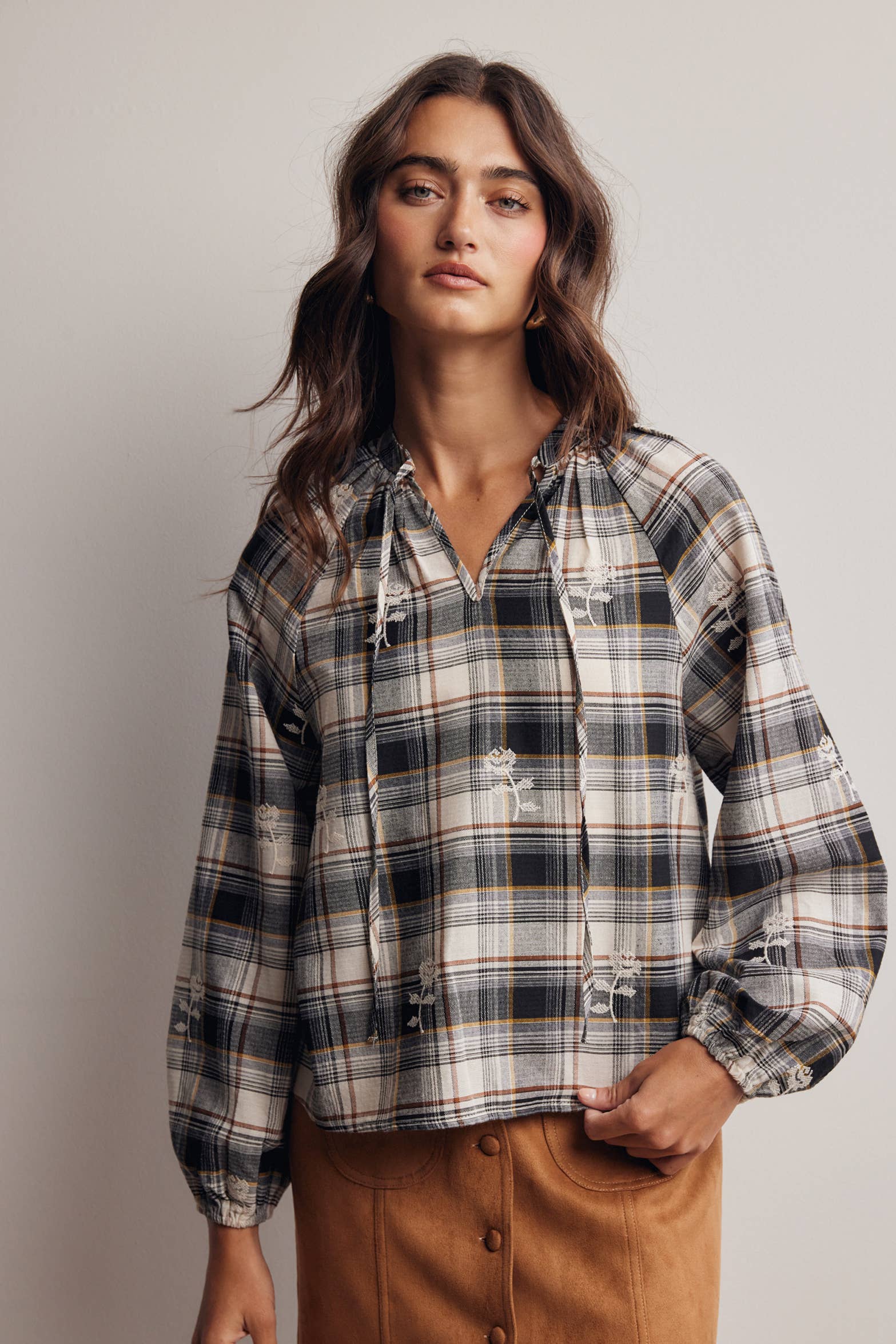 Delaney Embroidered Plaid Top