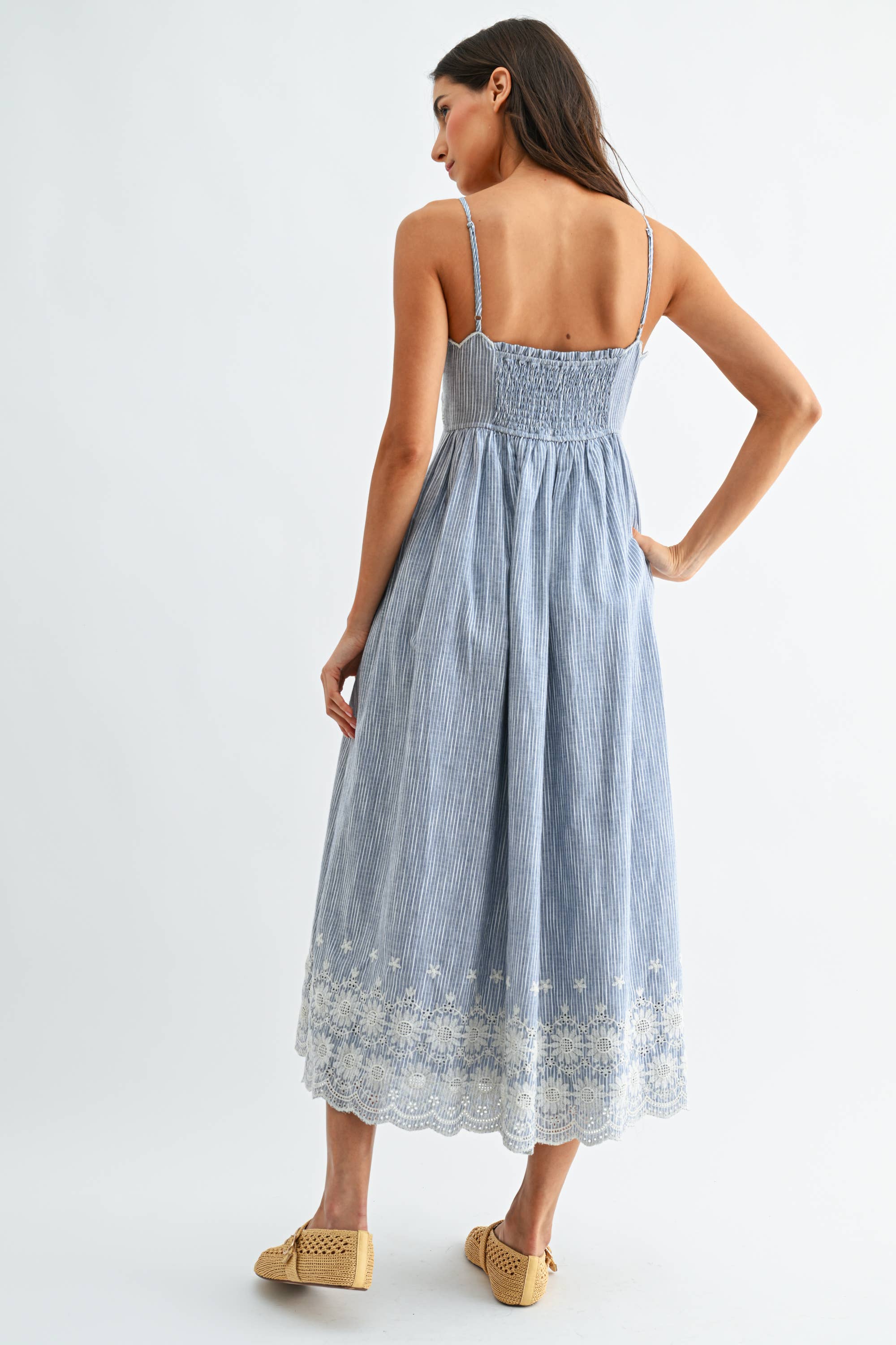Sandra Pinstripe Embroidered Midi Dress