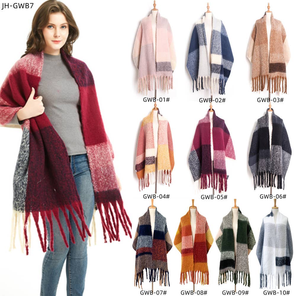 Soft Chunky Plaid Fleece Oblong Tassel Scarf