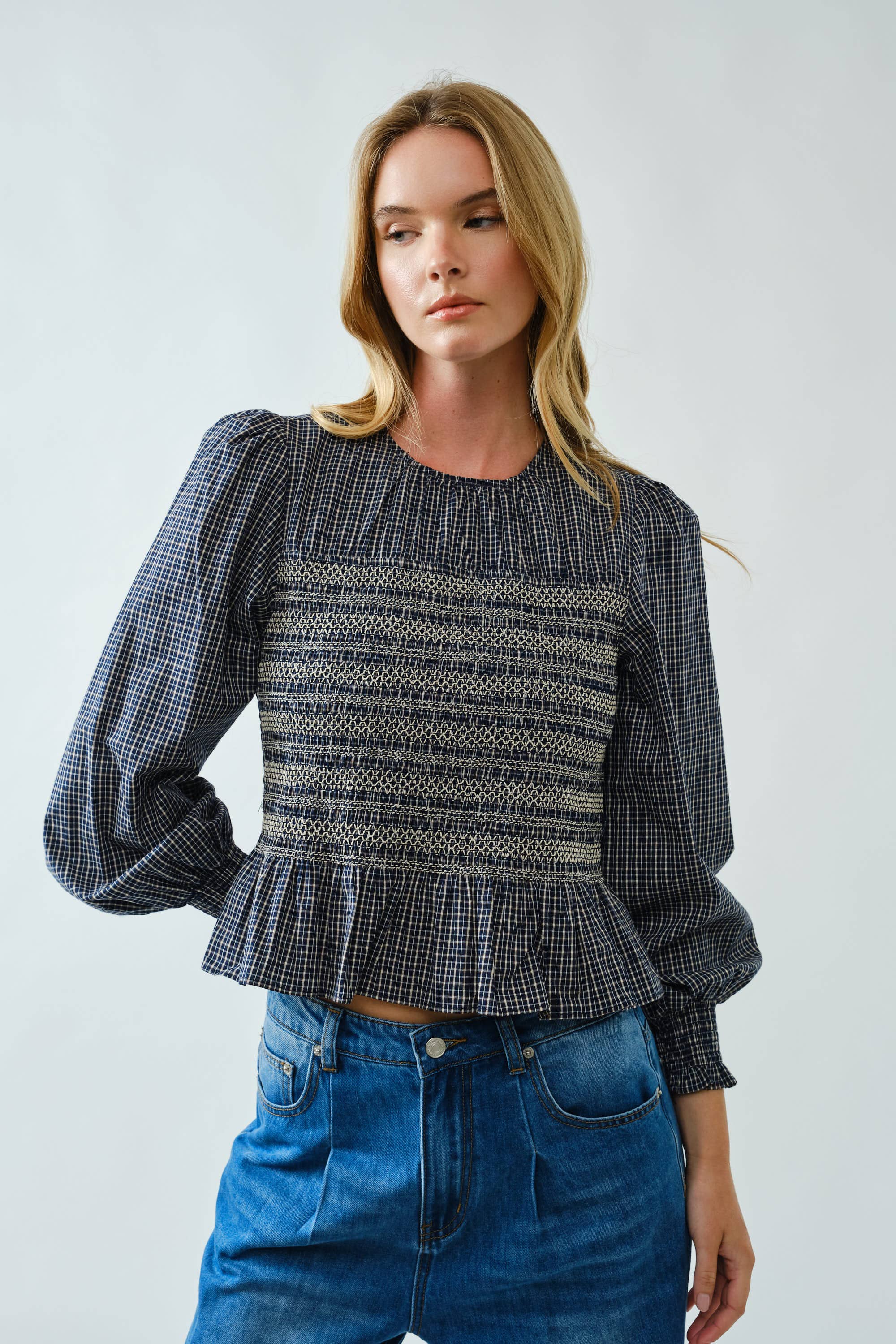 Casey Smocked Plaid Blouse