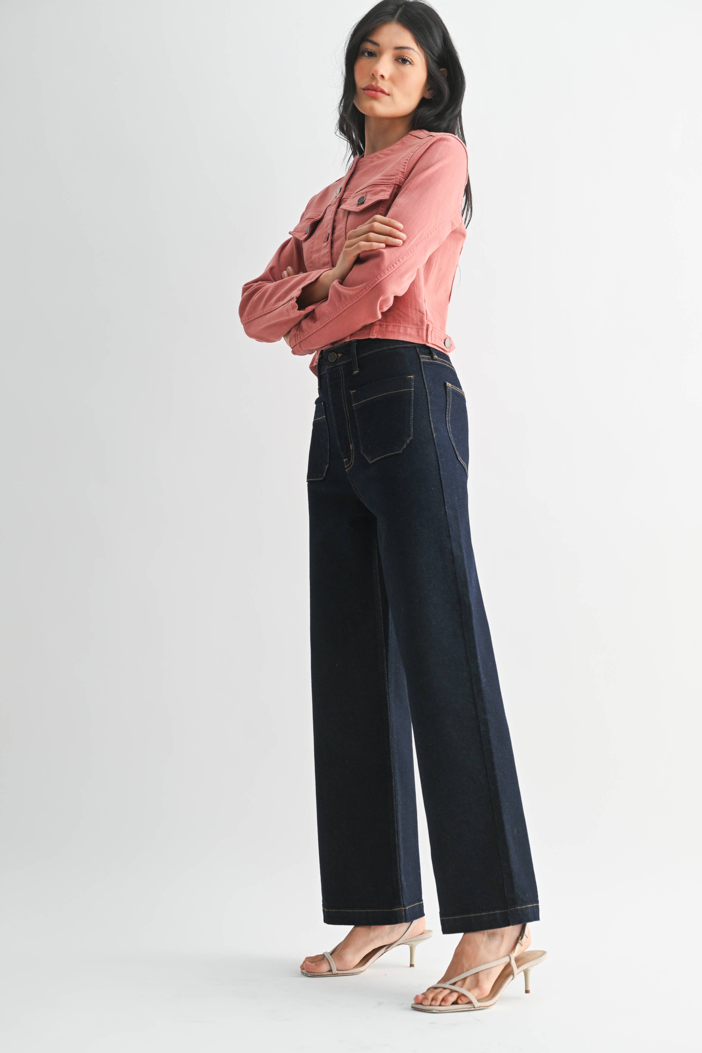 June Patch Pocket Wide Leg Jean in Super Dark Denim