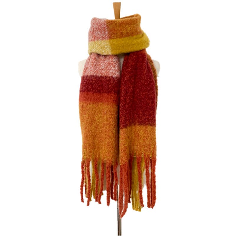 Soft Chunky Plaid Fleece Oblong Tassel Scarf