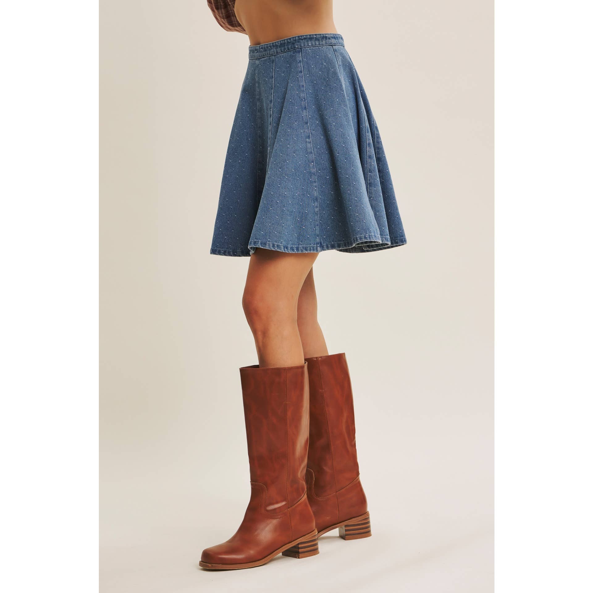 Willa Polka Dot Denim Flare Mini Skirt