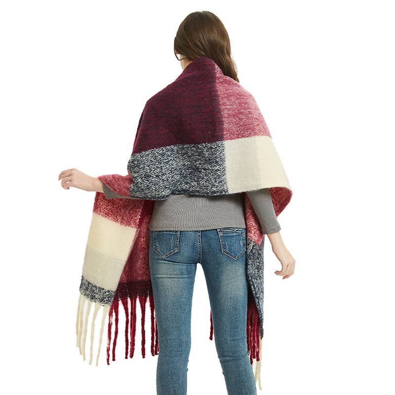 Soft Chunky Plaid Fleece Oblong Tassel Scarf