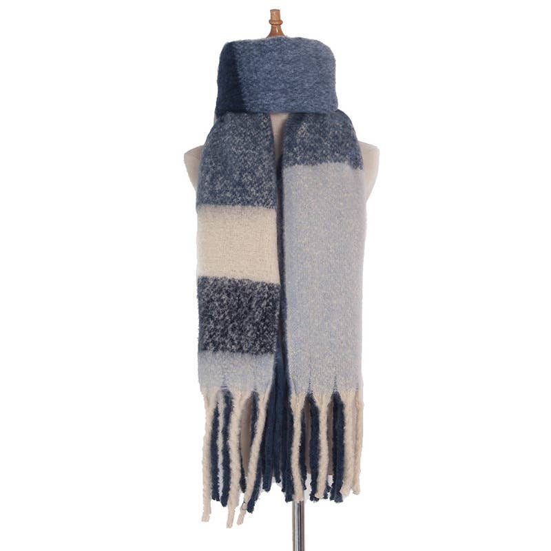 Soft Chunky Plaid Fleece Oblong Tassel Scarf