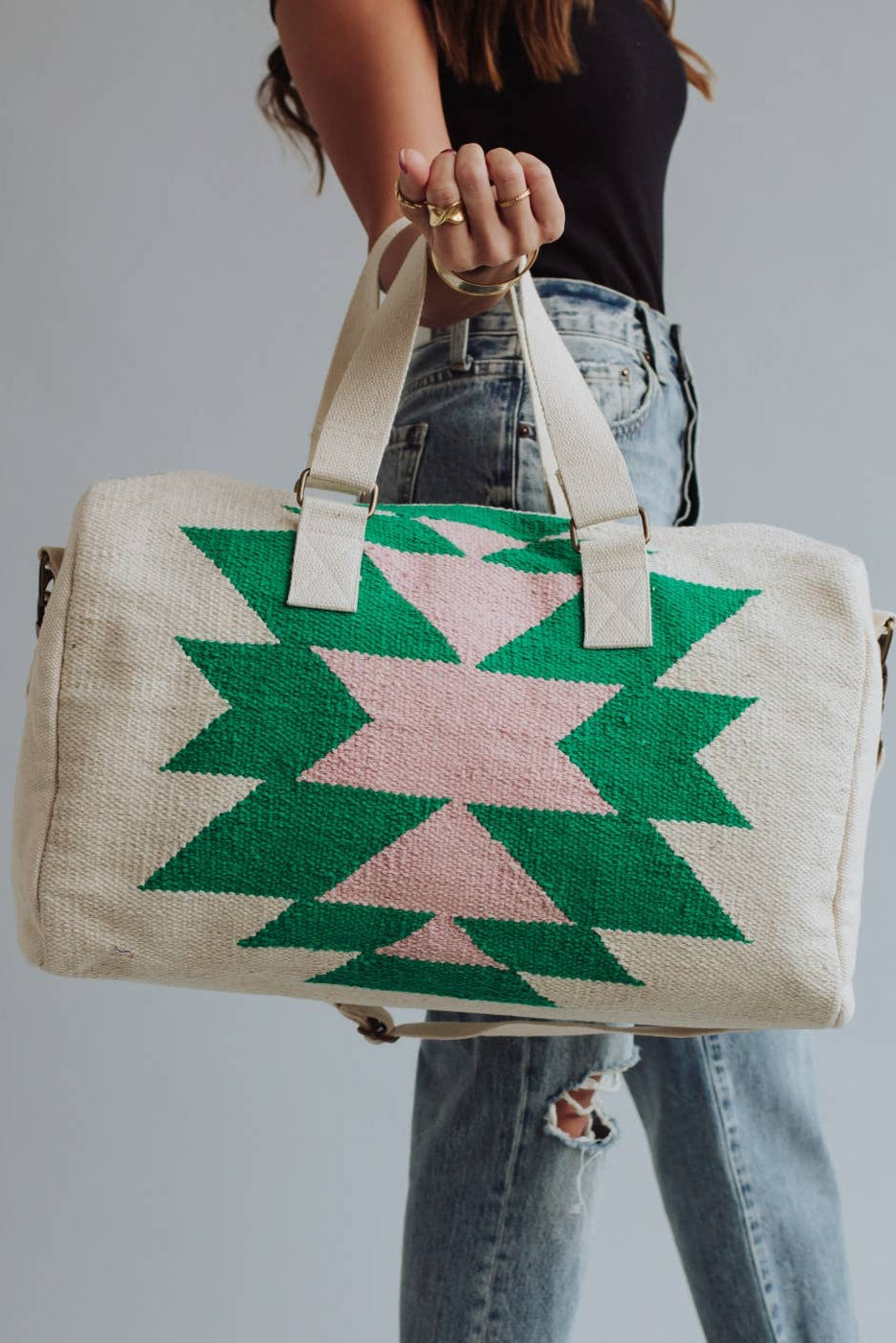 Beige, Green & Pink Aztec Duffel