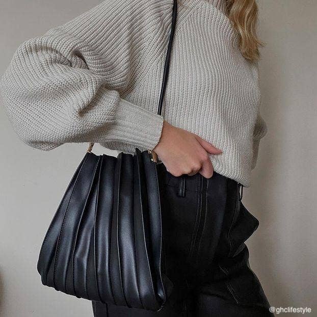 Carrie Black Pleated Vegan Leather Shoulder Bag