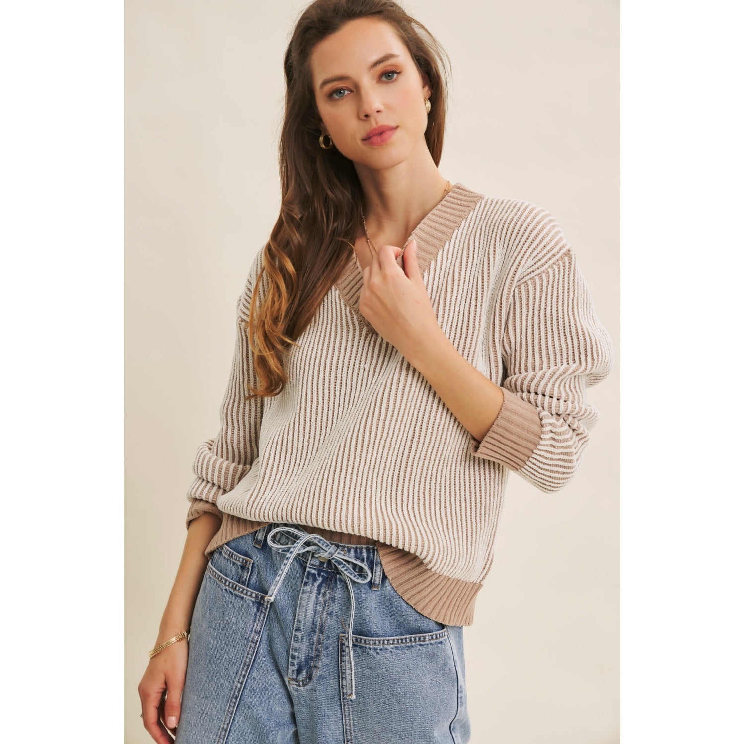 Kara Ribbed V Neck Chenille Sweater