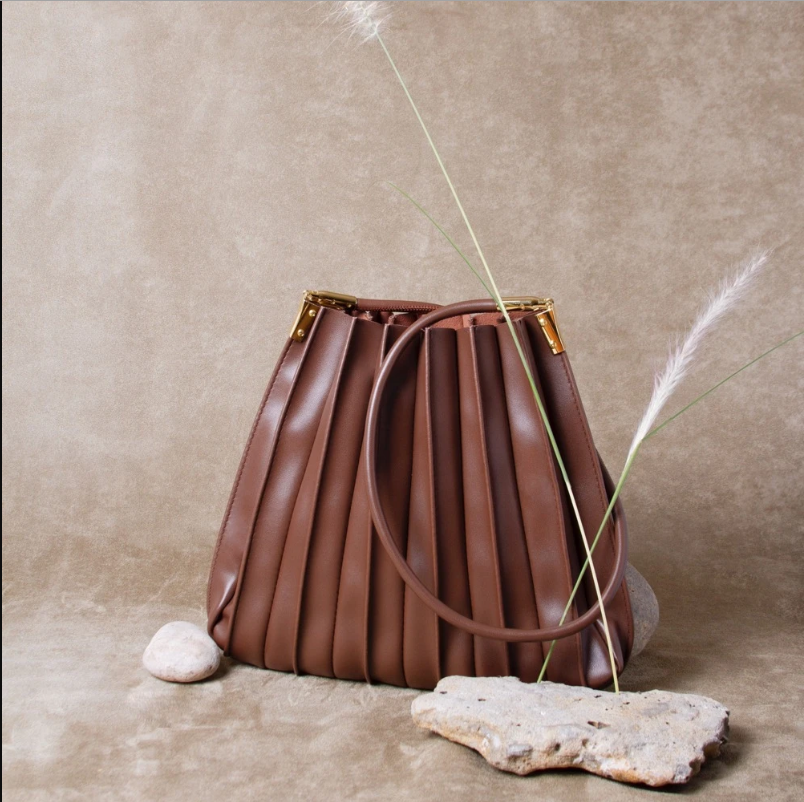 Carrie Chocolate Pleated Vegan Leather Shoulder Bag