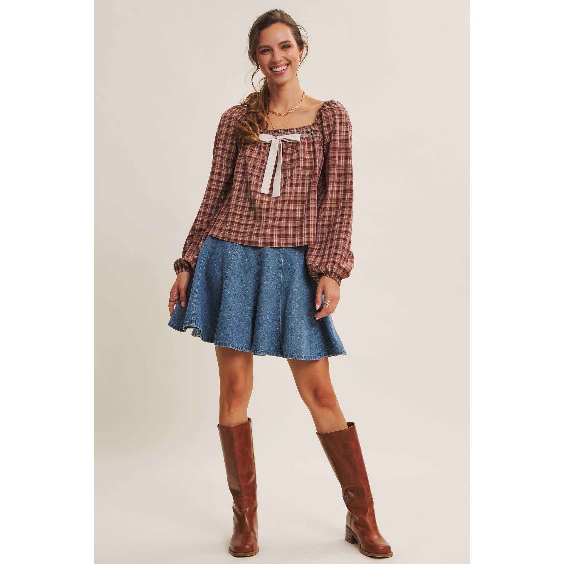 Willa Polka Dot Denim Flare Mini Skirt