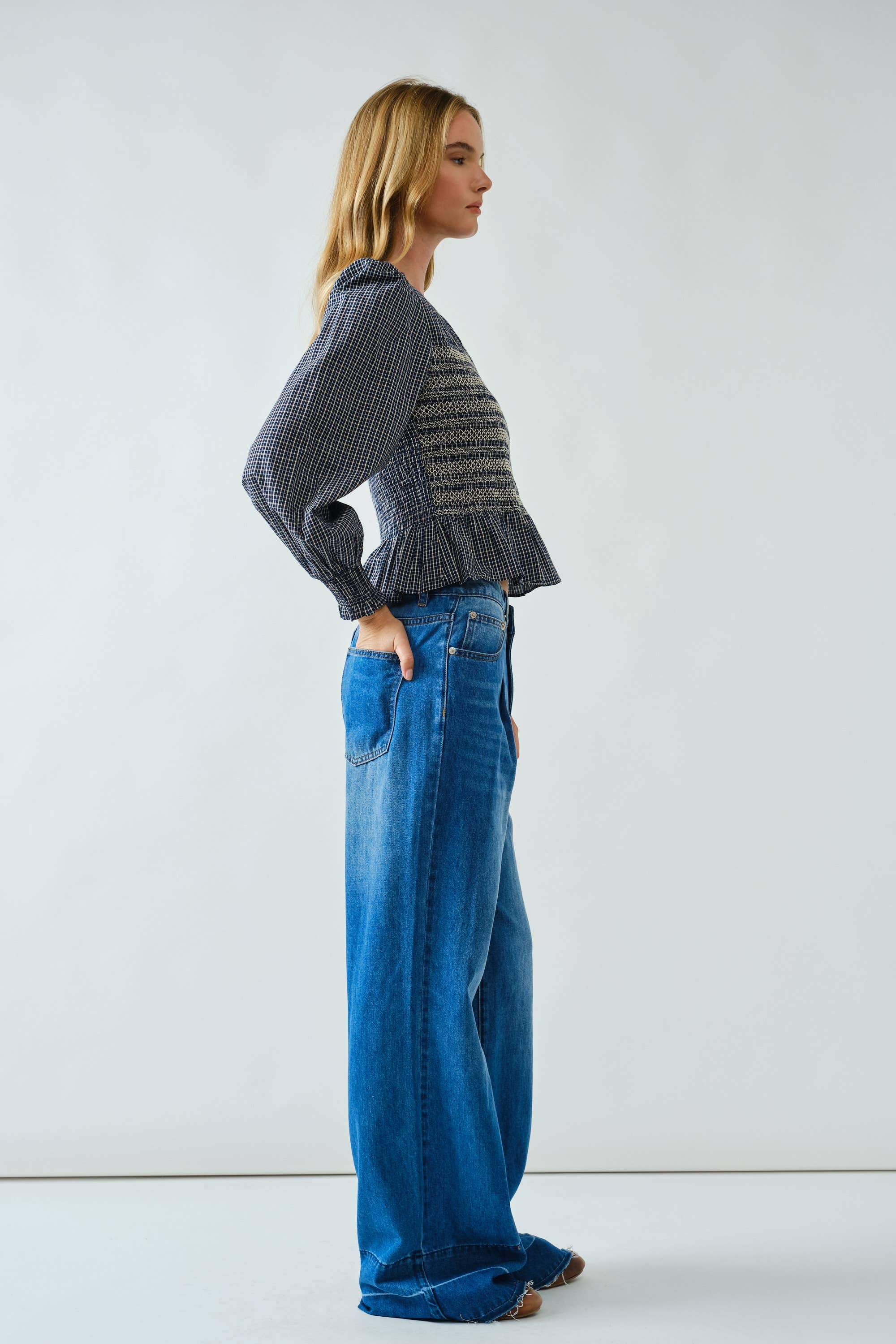 Casey Smocked Plaid Blouse