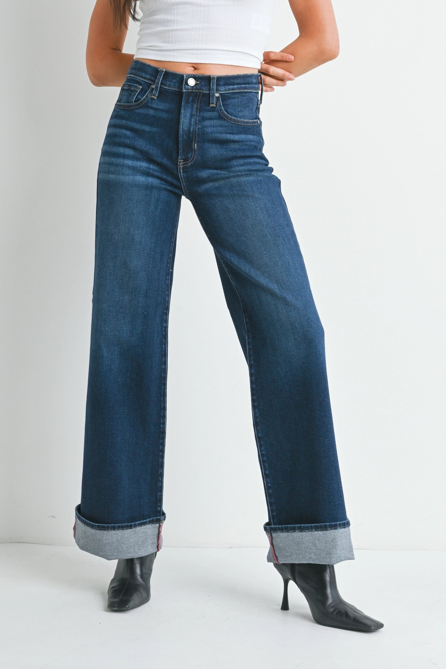 Melissa Cuffed Palazzo Wide Leg Jean in Dark Denim