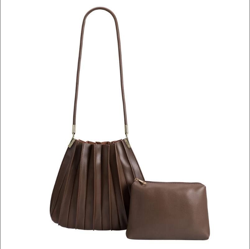 Carrie Chocolate Pleated Vegan Leather Shoulder Bag