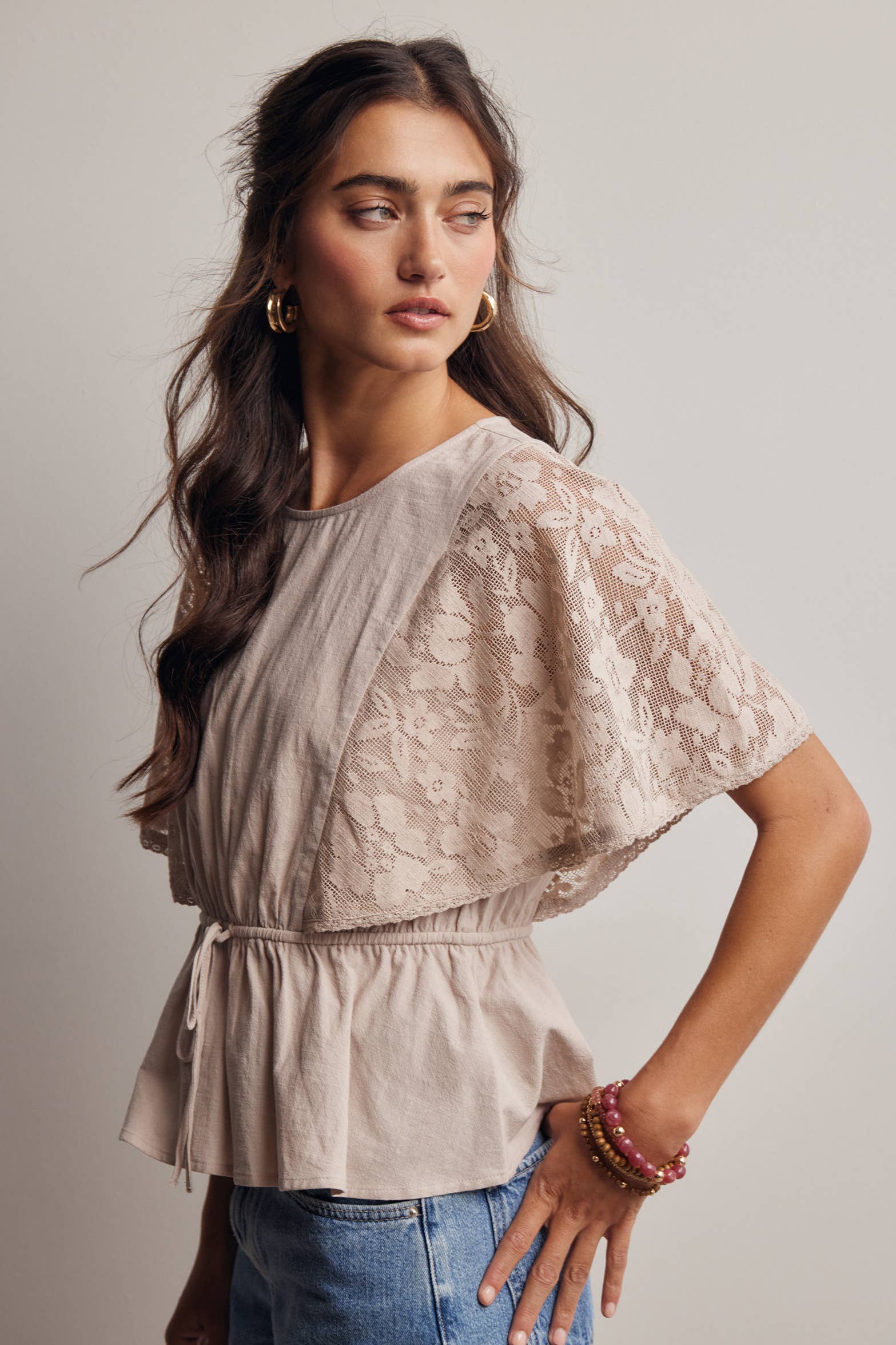 Jimmie Lace Cape Sleeve Peplum Top