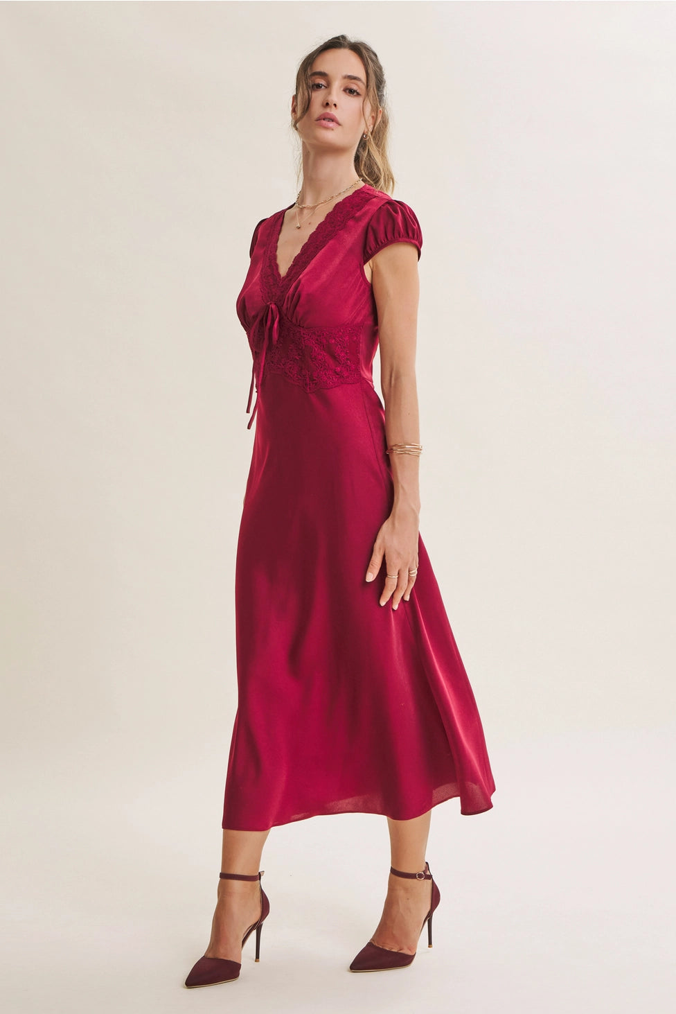 Ruby Satin Lace Midi Dress