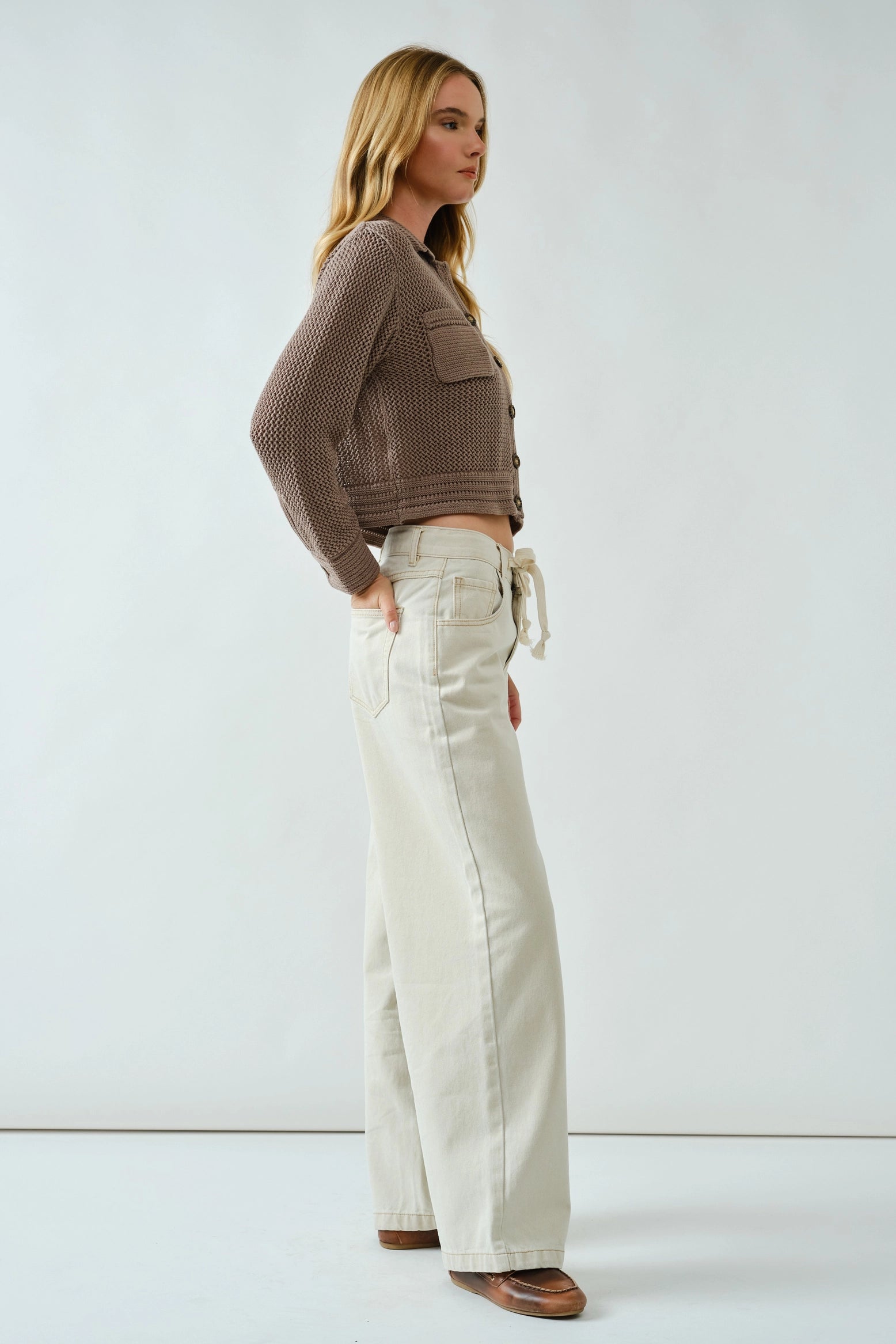 Cheyenne Drawstring Straight Leg Jean in Cream