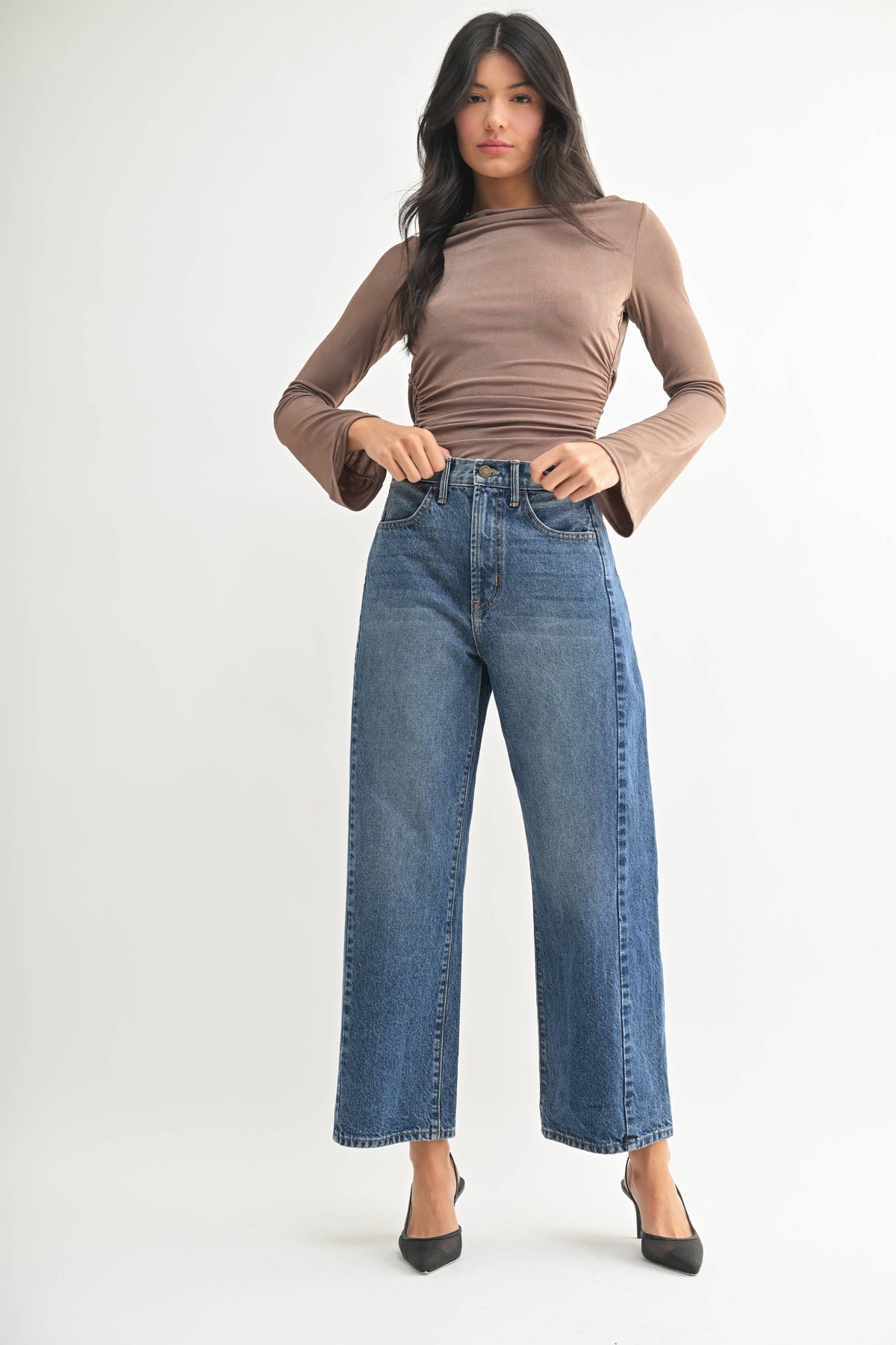 Calli High Rise Twist Seam Barrel Jean in Dark Denim