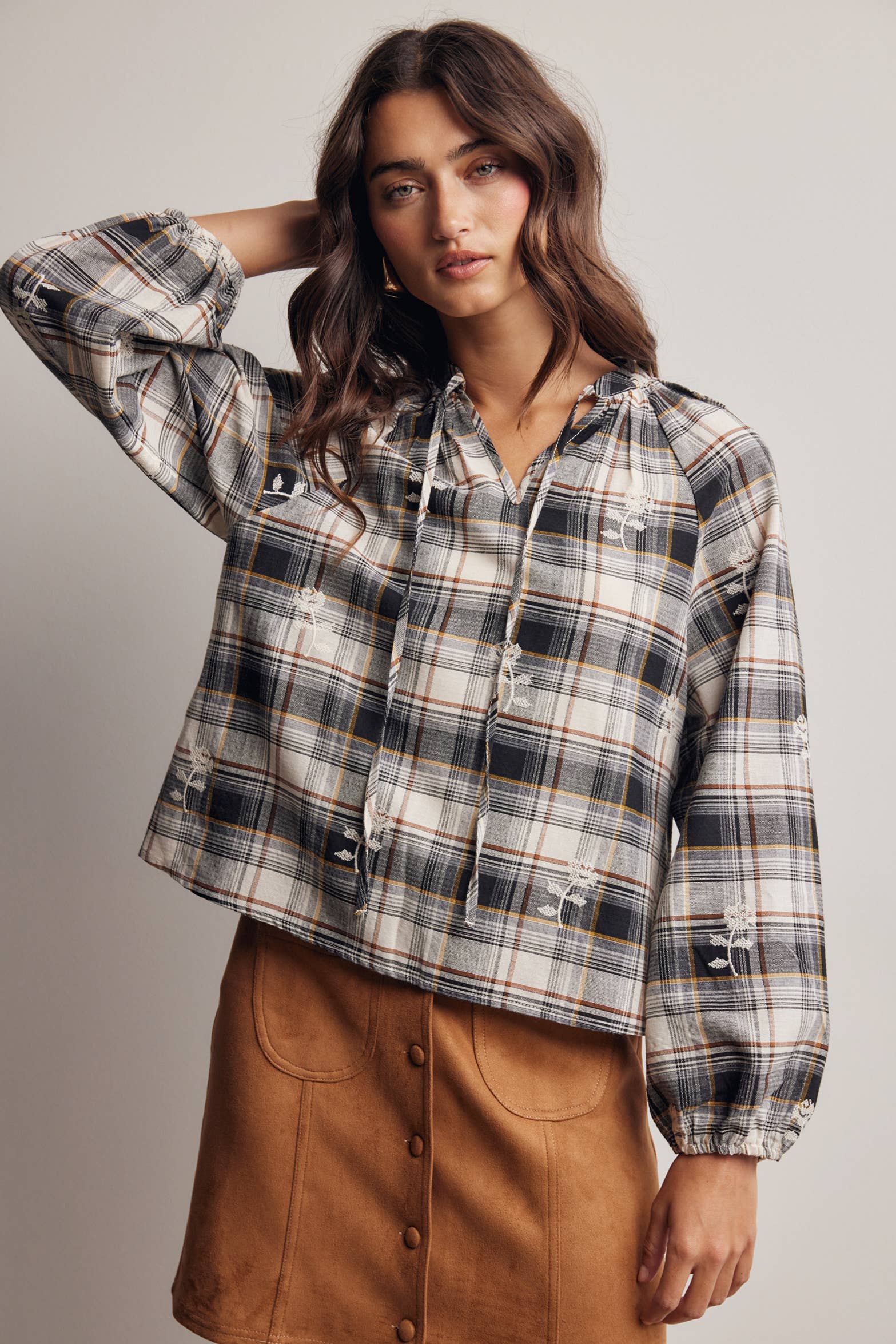 Delaney Embroidered Plaid Top