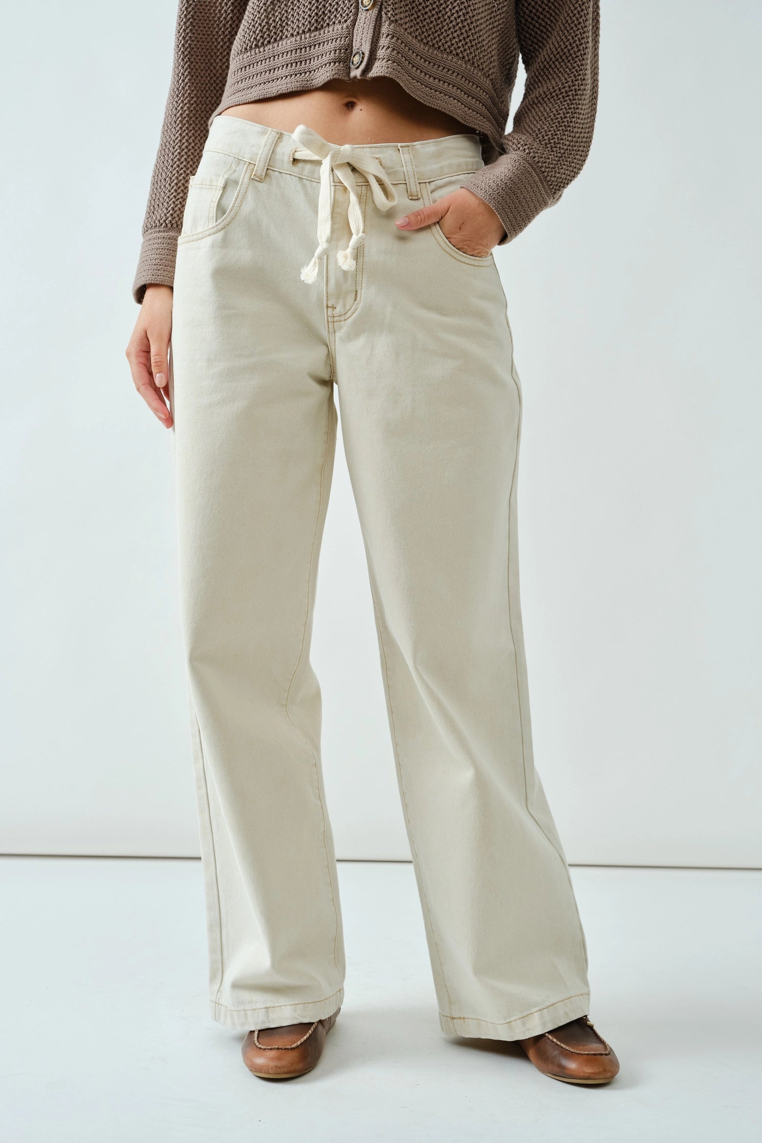 Cheyenne Drawstring Straight Leg Jean in Cream