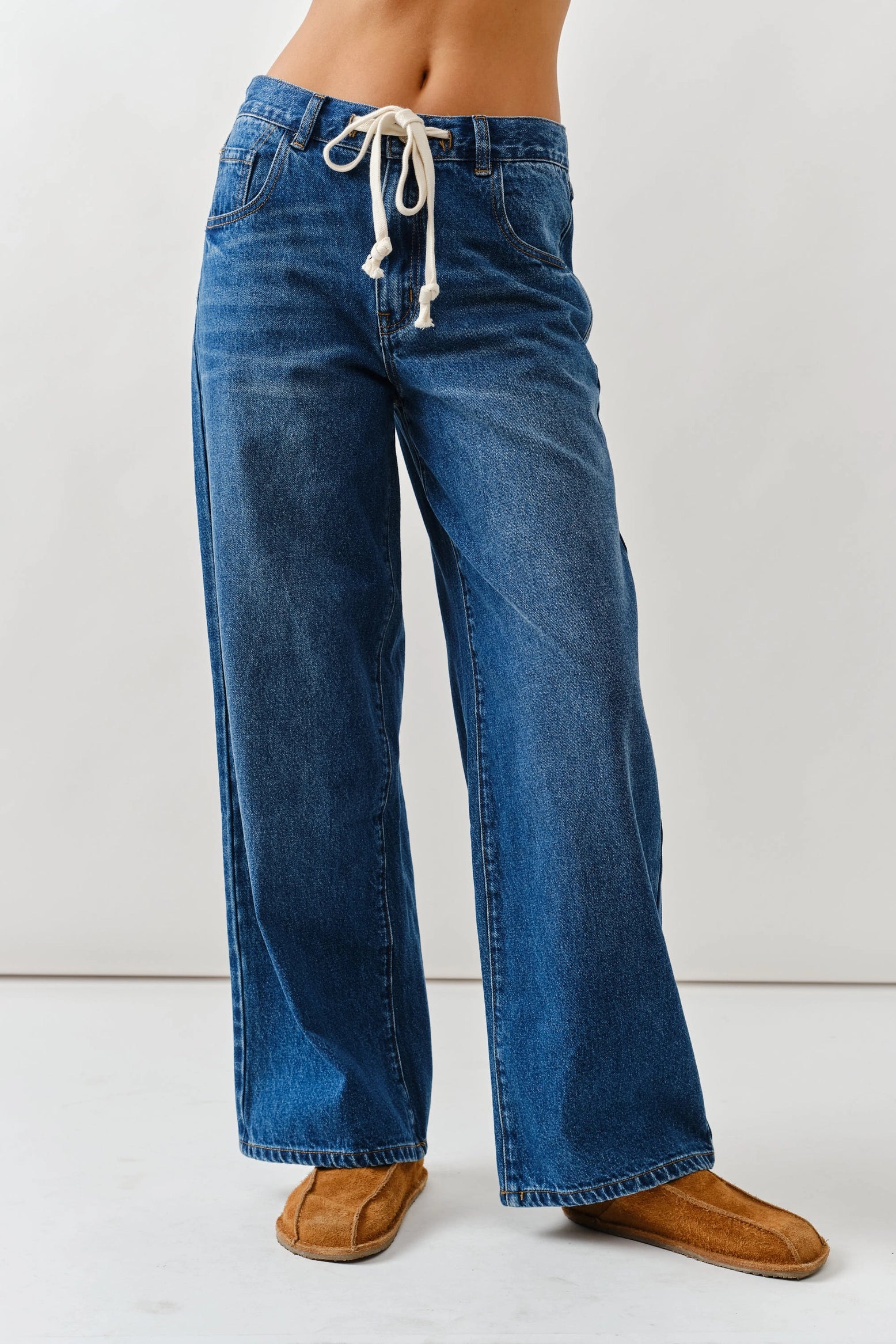 Cheyenne Drawstring Straight Leg Jeans in Medium Denim