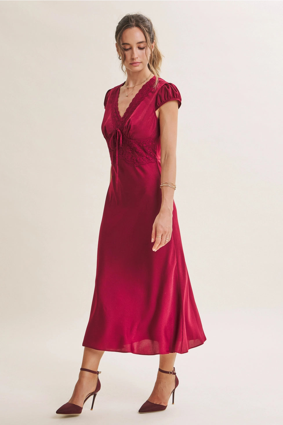 Ruby Satin Lace Midi Dress