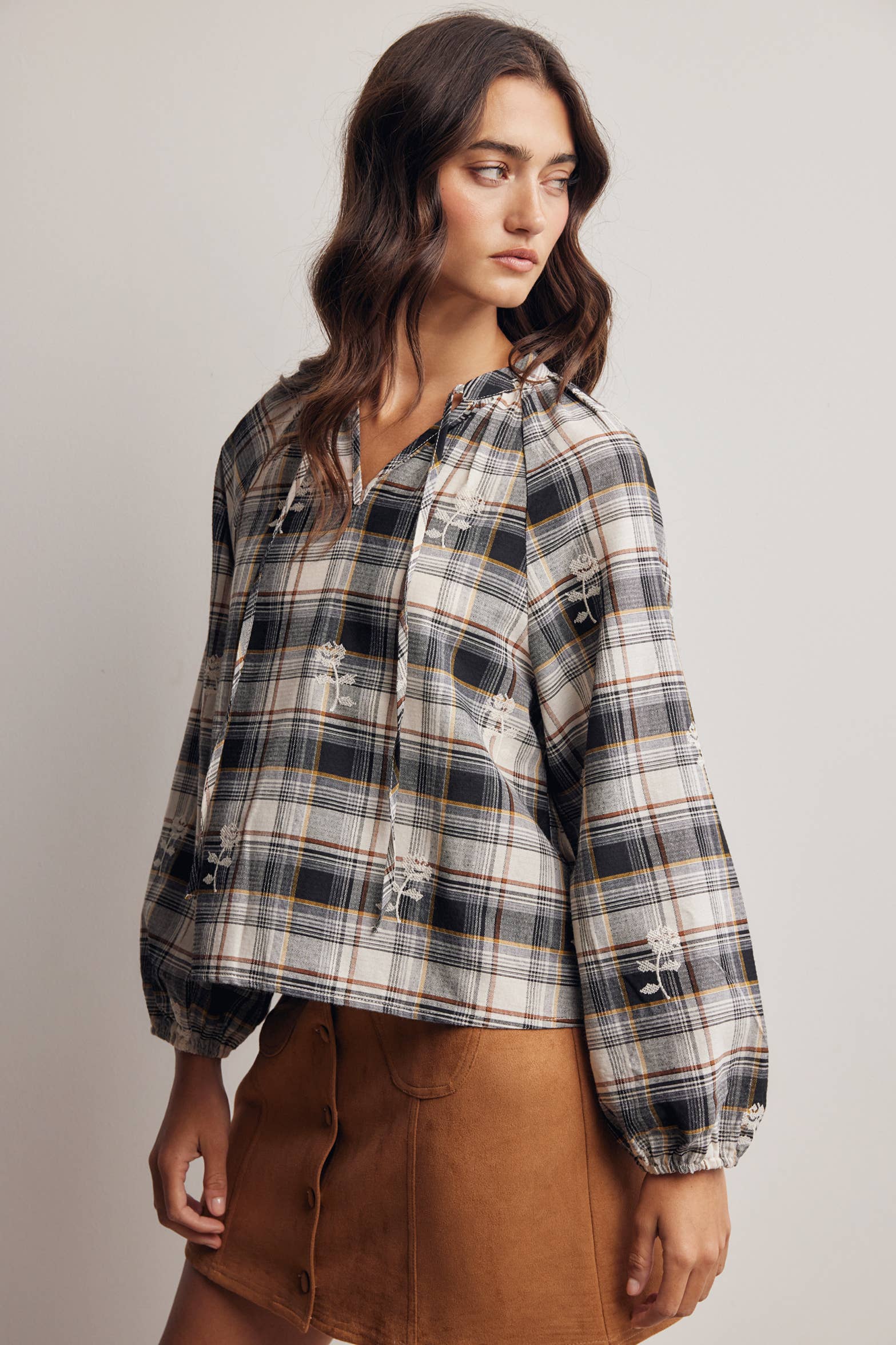 Delaney Embroidered Plaid Top