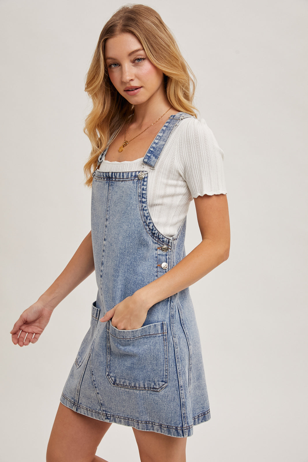DENIM OVERALL MINI DRESS WITH POCKETS - LT.WASH