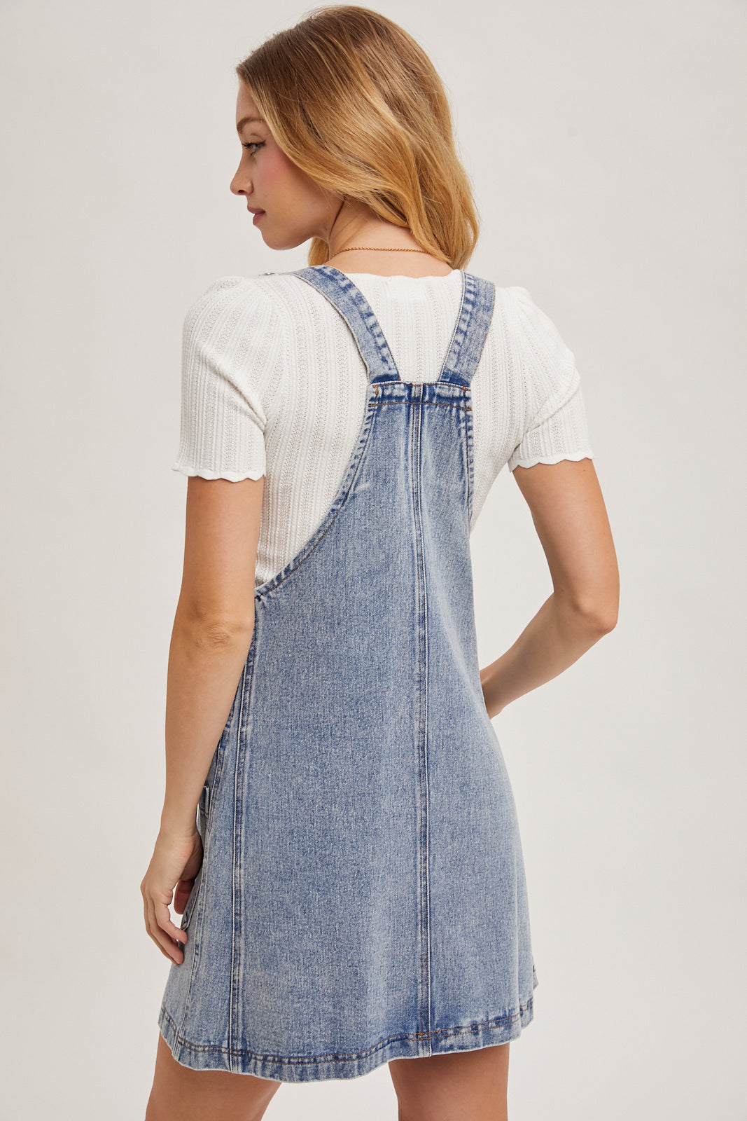 DENIM OVERALL MINI DRESS WITH POCKETS - LT.WASH