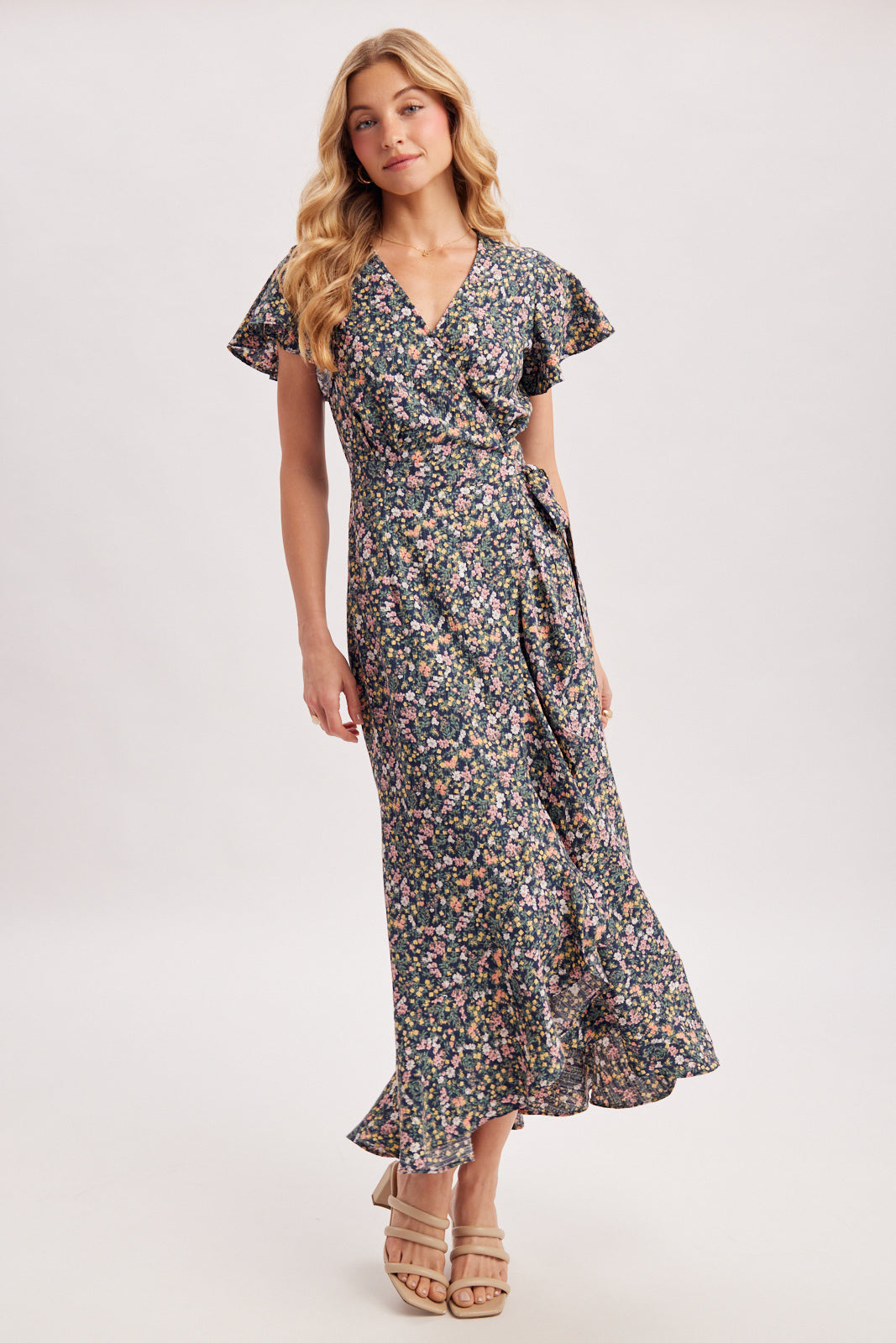 FLORAL PRINT RUFFLE WRAP DRESS - NAVY