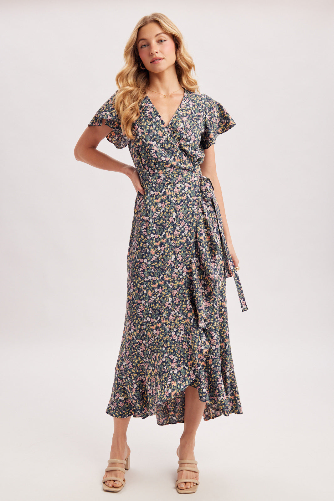 FLORAL PRINT RUFFLE WRAP DRESS - NAVY