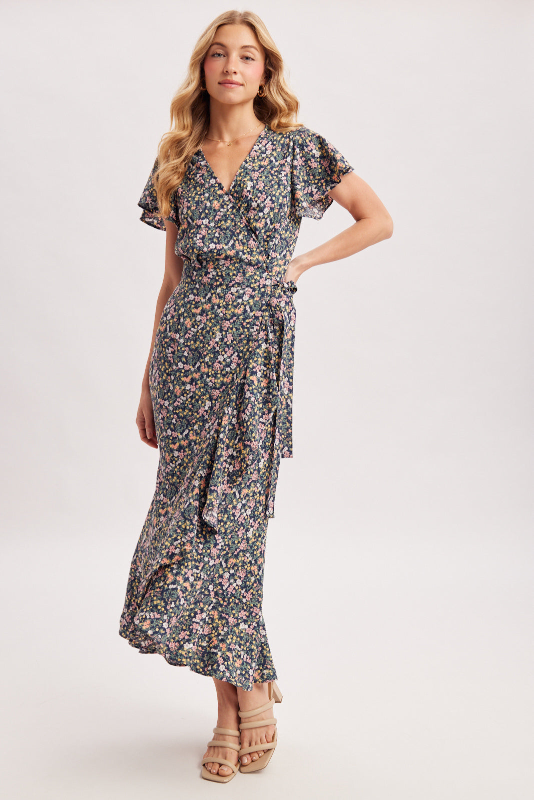 FLORAL PRINT RUFFLE WRAP DRESS - NAVY